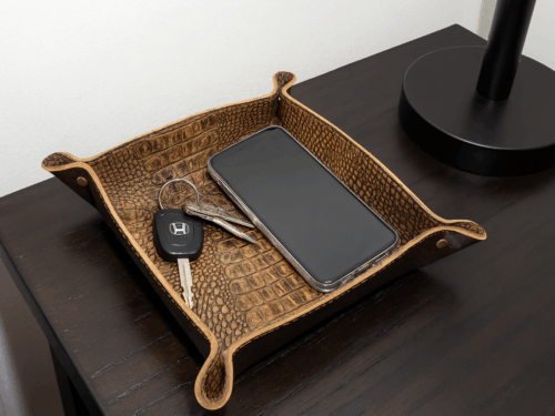 Luxury 9" x 9" Leather Valet Tray | Alligator Embossed Catchall Tray | Handmade in USA-126