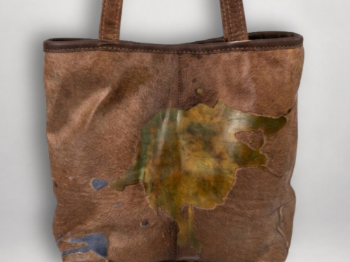 Acid etched hair-on-hide leather tote handcrafted with genuine cowhide leather by Leather Link Studio.