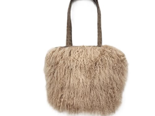 Champagne Mink Mongolian sheepskin handbag with crocodile-embossed leather handles, handmade by Leather Link Studio